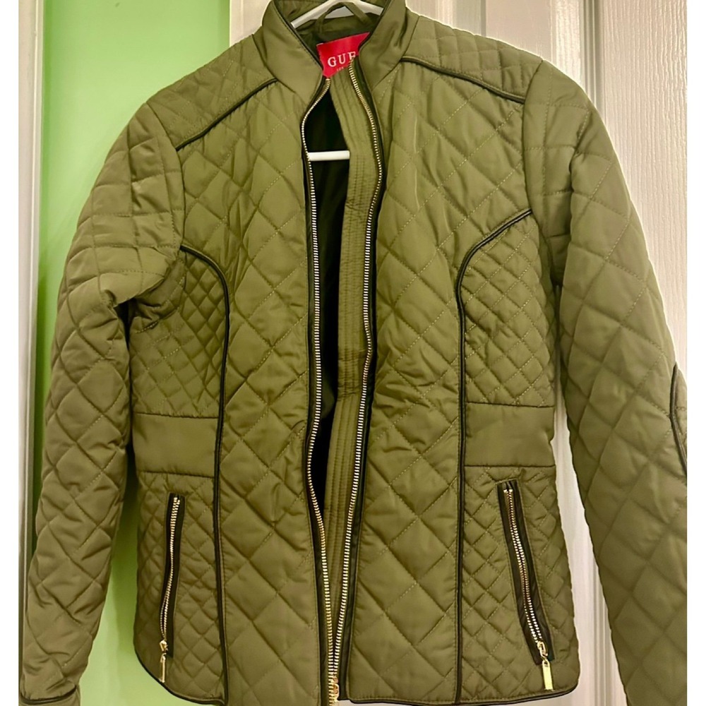Guess‎ Womens Olive Green Quilted Moto Jacket Gold Hardware XS Q73L06R93L0